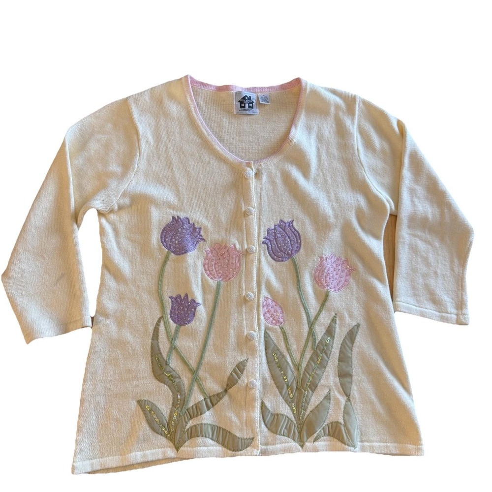 Storybook Knits Womens Cardigan Tulip Applique Sequin Easter Spring pastel Sz XL